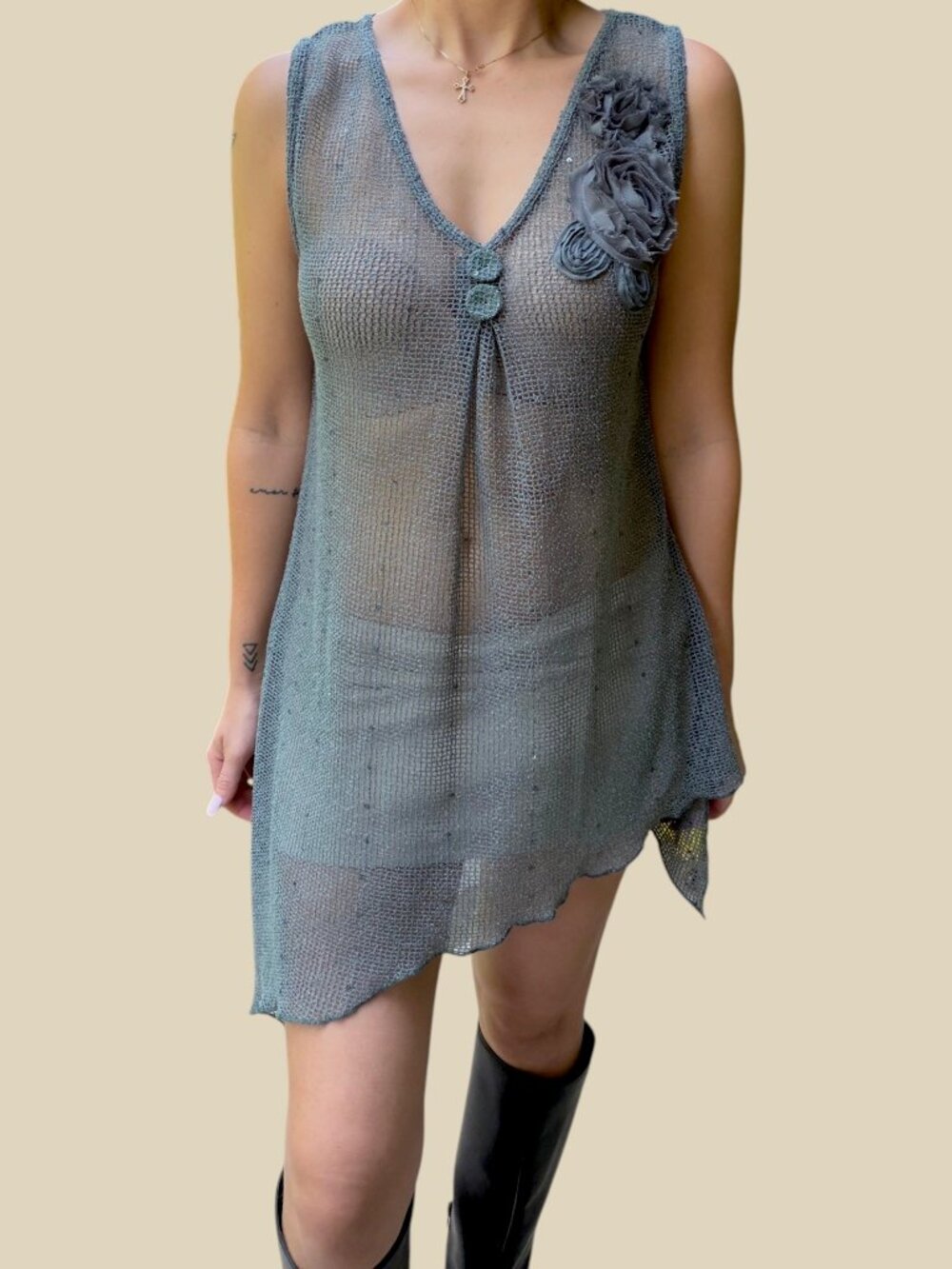 Y2K Whimsigoth Crochet Mesh Asymmetrical Mini Dress, Lagenlook Rosette Tunic